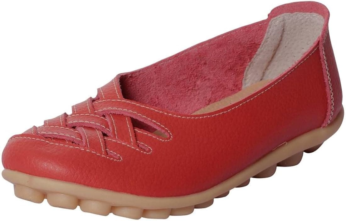 UJoowalk Women's Leather Cowhide Flat Casual Slip on Driving Loafer Shoes (5 B(M) US, Red3)