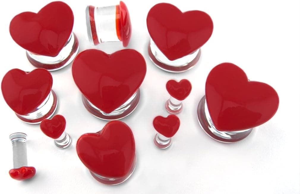 Urban Body Jewelry 1 Pair of 4 Gauge (4G - 5mm) Red Heart Glass Plugs - Double Flares