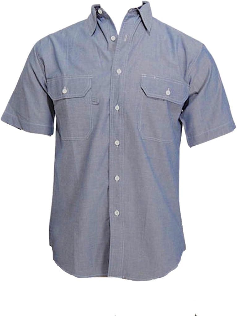 W S Blue Collar Outlet Chambray 100% Cotton, Short Sleeve Mens Shirt with Two Front Pockets and Mitered Flaps