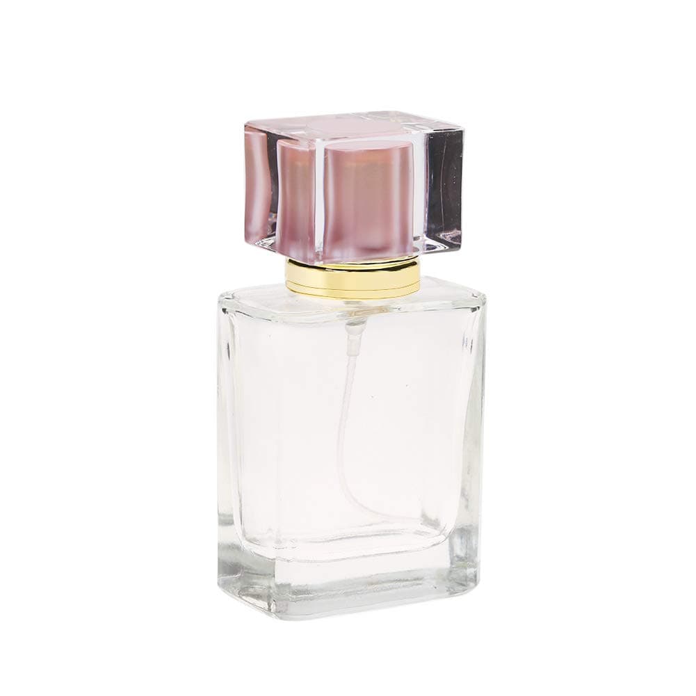 50ml Empty Glass Perfume Bottle, Refillable Atomizer Spray Bottle, Transparent Square Bottles with Mist Pump, Portable for Travel, Essential Oils, Aftershave, Cologne(pink)
