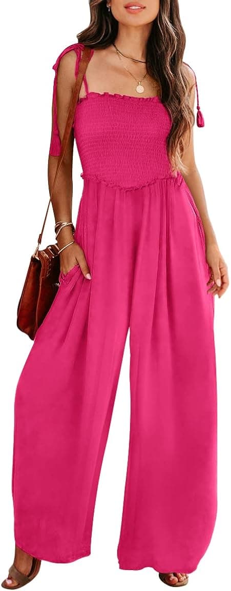 Caracilia Women's Summer Casual Tie Strap Wide Leg Jumpsuit Square Neck Smocked Flowy Long Pants Rompers with Pockets