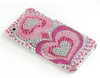 Premium Luxurious Designer Hard Diamond Crystal Snap-on Case for Apple iPhone 3G, 3GS 3G-S - Hot Pink Silver with Two Hearts Crystals