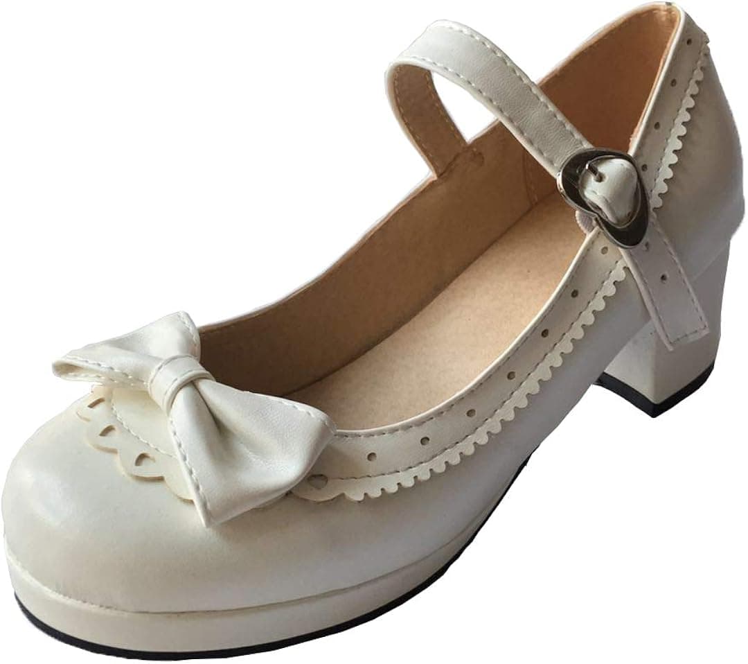 ELFY Women's Cute Lolita Cosplay Shoes Bow Mid Chunky Heel Mary Jane Pumps