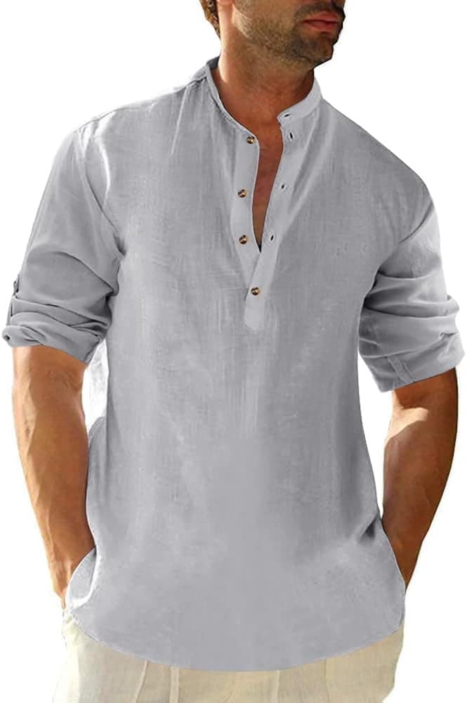 Makkrom Men's Linen Henley Shirt Long Sleeve Cotton Summer Beach Yoga Shirts Top Grey