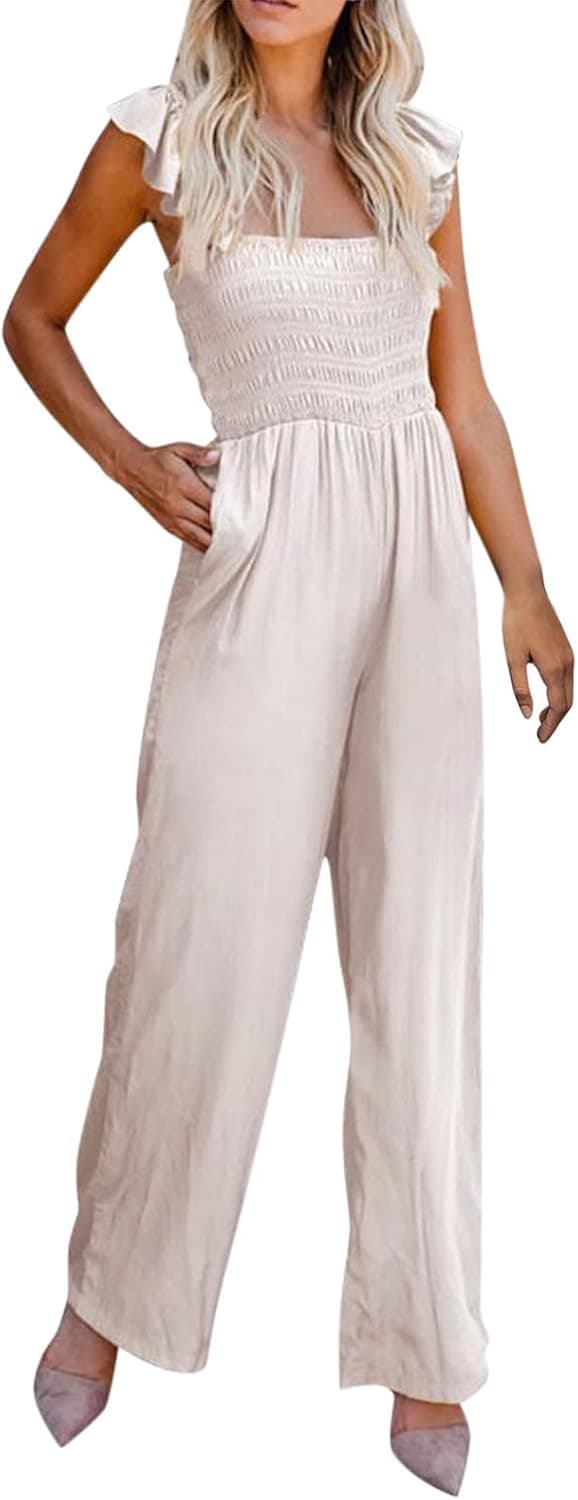 Womens Jumpsuit Ruffle Spaghetti Bodysuit Straps High Waist Long Wide Leg Jumpsuit Romper with Pocket