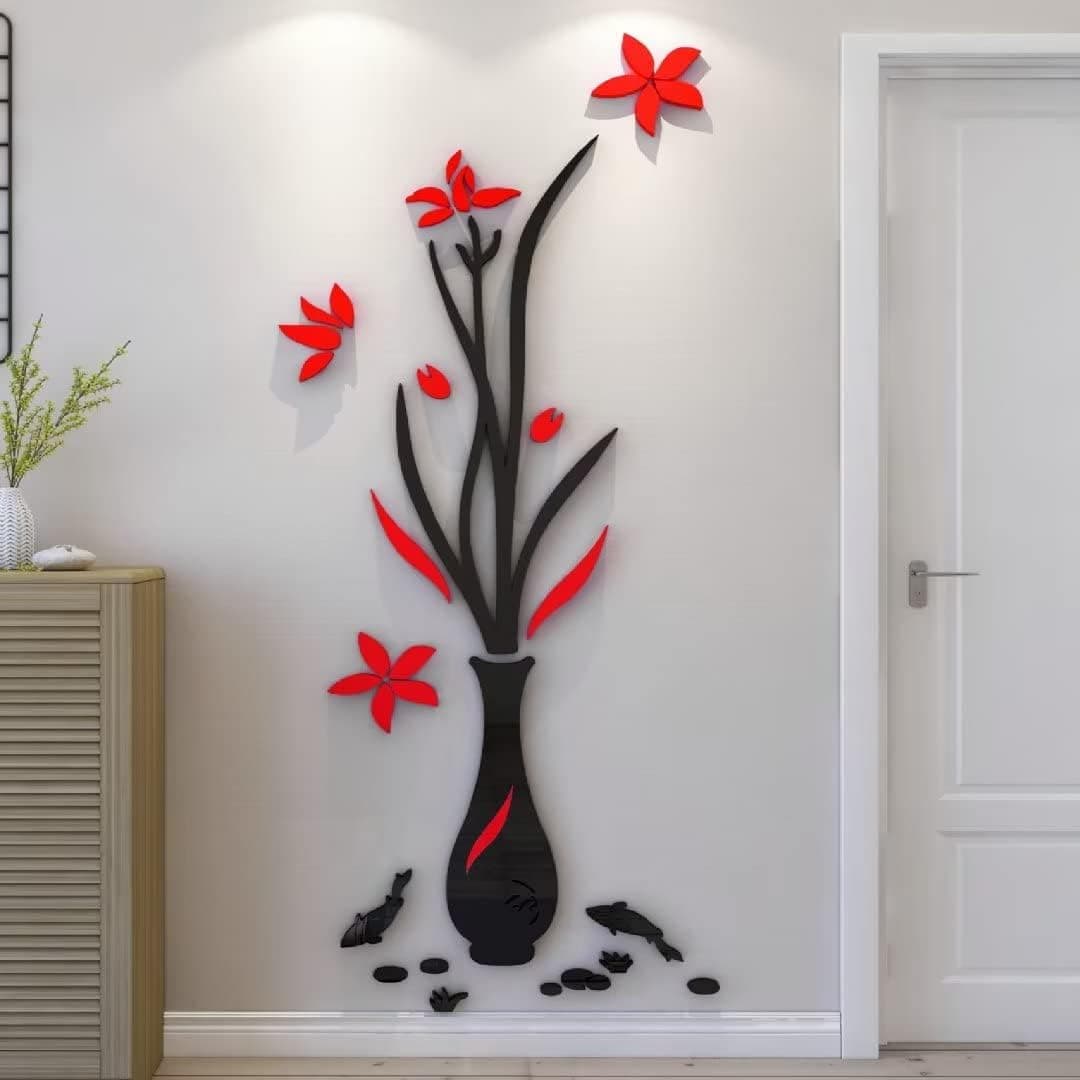 Living Room Wall Decor Stickers - 3D Vase Sticker DIY Red Wall Decor Living Room Wall Decals Home Decor Wall Stickers for Living Room Bedroom Wall Decorations( Red 16.53*43.3inch )