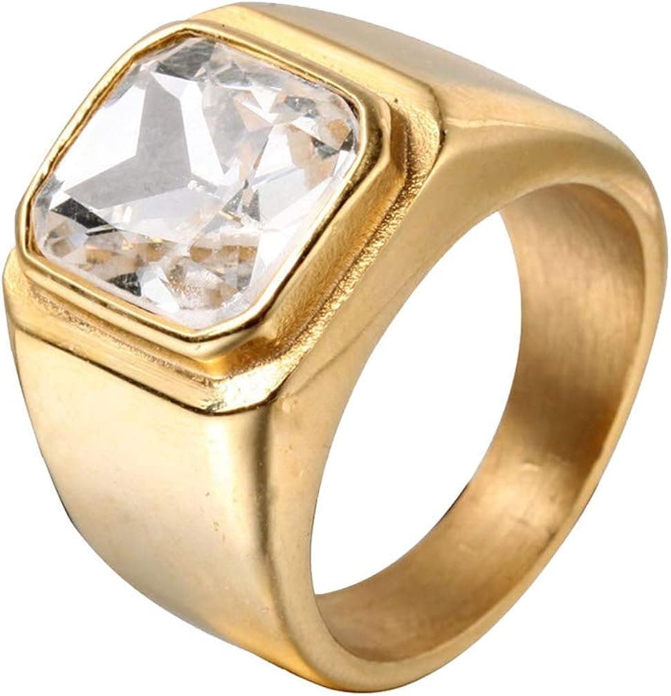 PMTIER Men's Stainless Steel Gold/Silver/Black Plated Ring with Square Gemstone Multicolor Stone