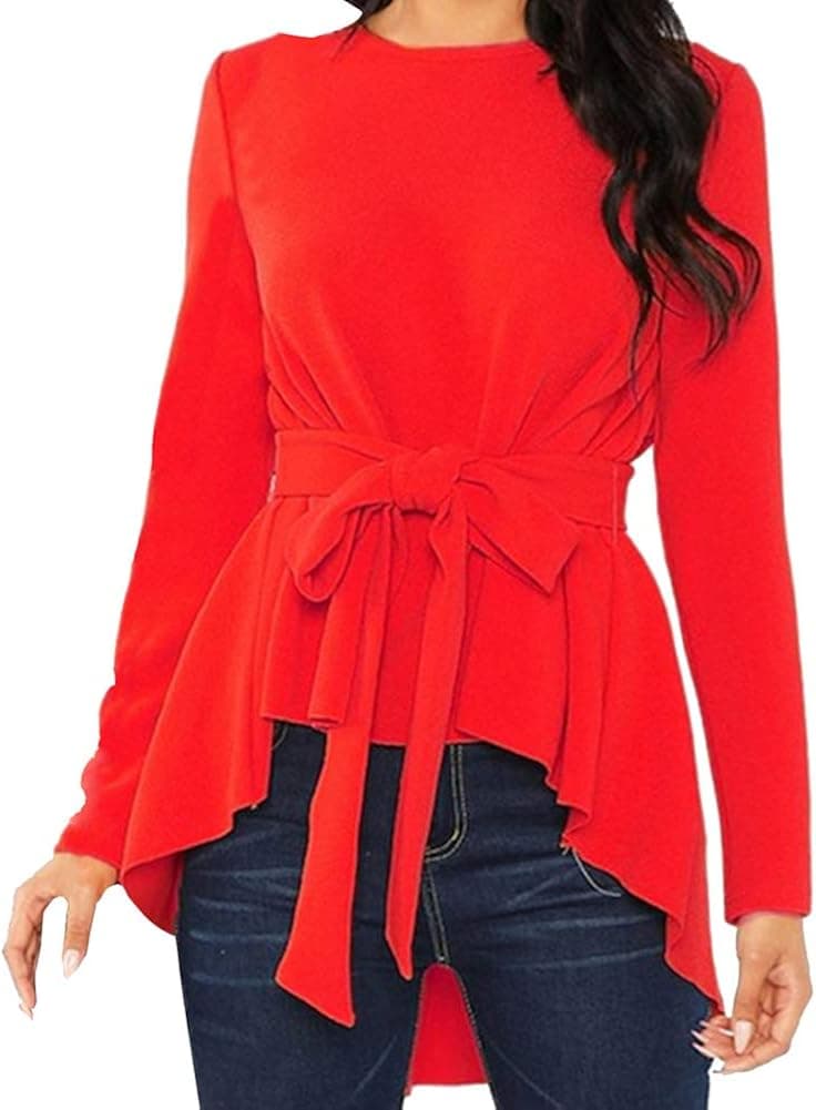 SunGift Women's Irregular Hem Long Sleeve Belted Flare Peplum Ruffle Blouse Shirts Tops