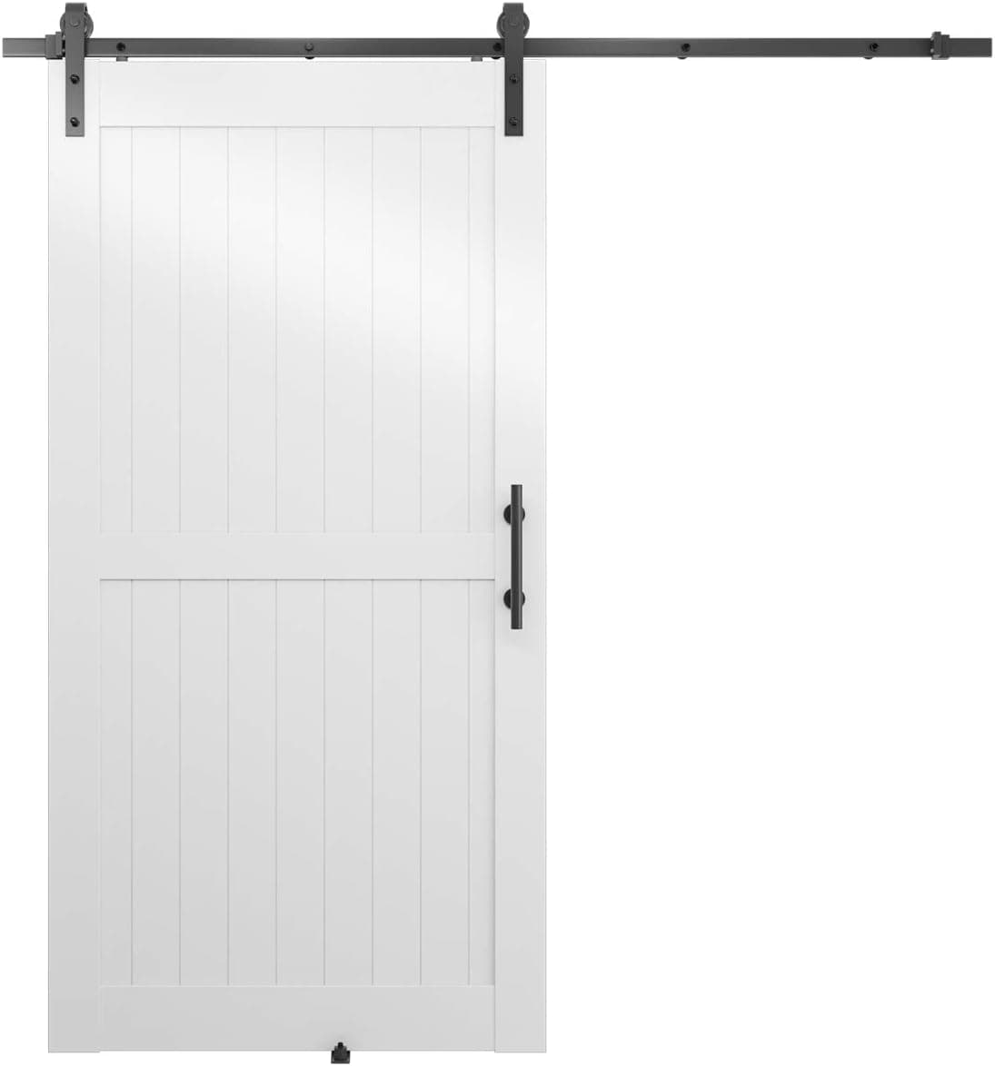 Genius Iron White PVC 42in x 84in Single Barn Door Whole Kit with 7FT Sliding Door Hardware & Handle Set & Floor Guide, Easy to Assemble, Water-Proof, Scratch-Resistance, Slight Reflection, H Shape