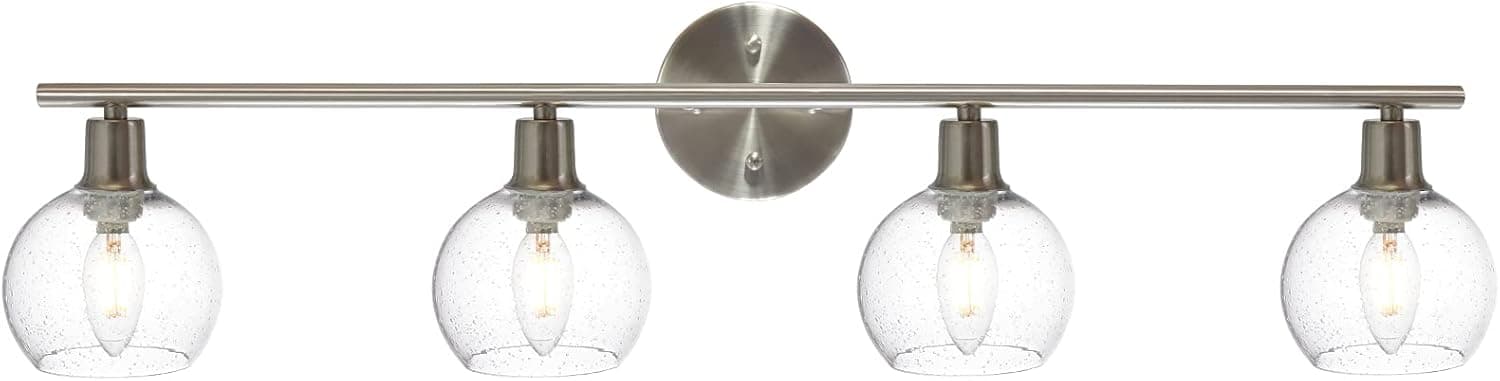 WINSHEN Contemporary 4-Lights Vanity Lighting with Globe Seeded Glass Lampshadea, Industrial Bathroom Light Fixtures Over Mirror in Brushed Nickel