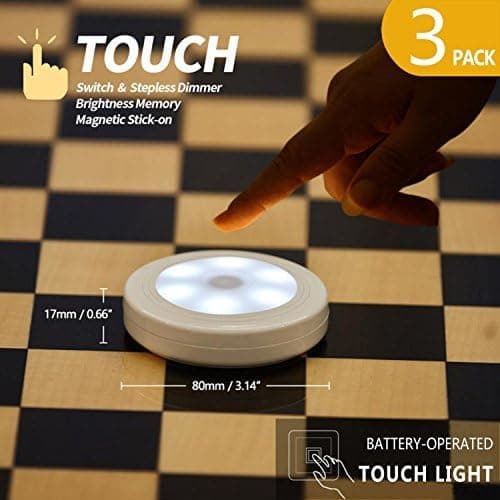FC-Fancier Touch Light,3Packs,Touch Sensor Switch, Stepless Dimmer, Last Setting Memory, Battery Powered,Magnet Stick Anywhere,tap lights for Closet,Kitchen, Bedside,Washroom, Stairs, Daylight White