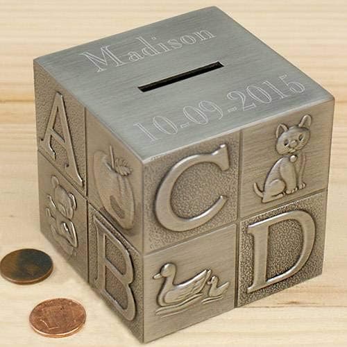 Center Gifts Personalized Decorative Easy Engraving Pewter Baby Block Money Bank