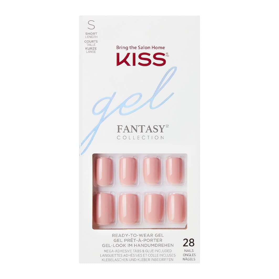 KISS Gel Fantasy Ready-to-Wear Gel Nails, Style “Ribbons”, Short, Pink, Nail Kit with Pink Gel Nail Glue, Manicure Stick, Mini Nail File, and 28 Fake Nails