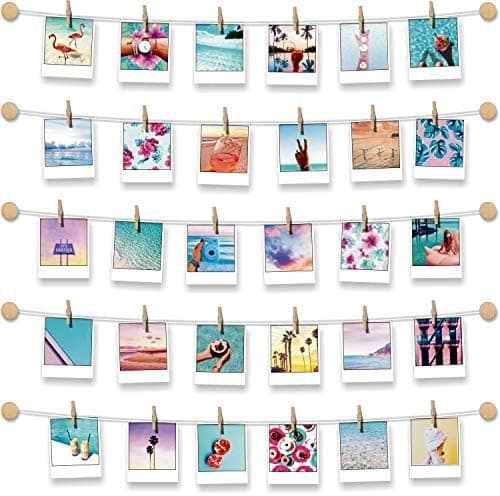 BIZYAC Photo Display Family Wall - Easy Install Self Adhesive 3M Hanging Display String with Clips - No Wall Holes Drilling - Size 30 x 30 inch - 10 Wooden Button Holders