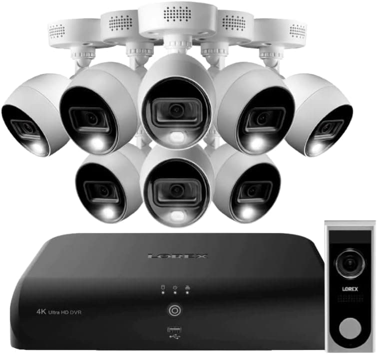 Lorex Home Security Cameras - 8 Channel Wired Outdoor House DVR Surveillance System, with 1080p Wired Doorbell Camera, Smart Motion Detection, 4K Resolution, Color Night Vision Camera, and 2TB Storage