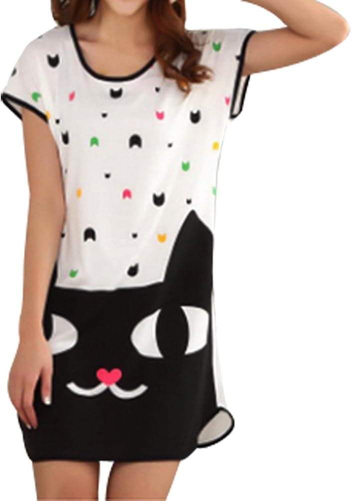 Columbustore Women's Cartoon Cat Nightshirts Cotton Chemises Slip Sleepwear White 9
