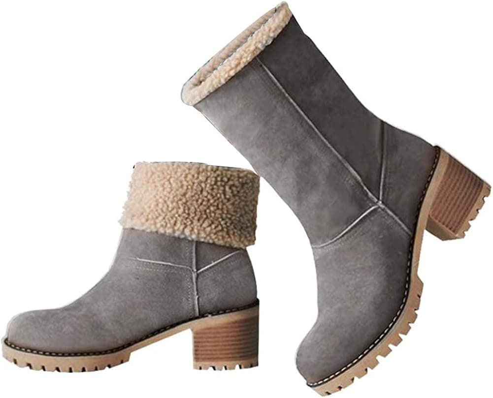 VIMISAOI Winter Boots for Women, Comfortable Slip On Mid Chunky Heel Suede Warm Snow Ankle Boots Outdoor Shoes