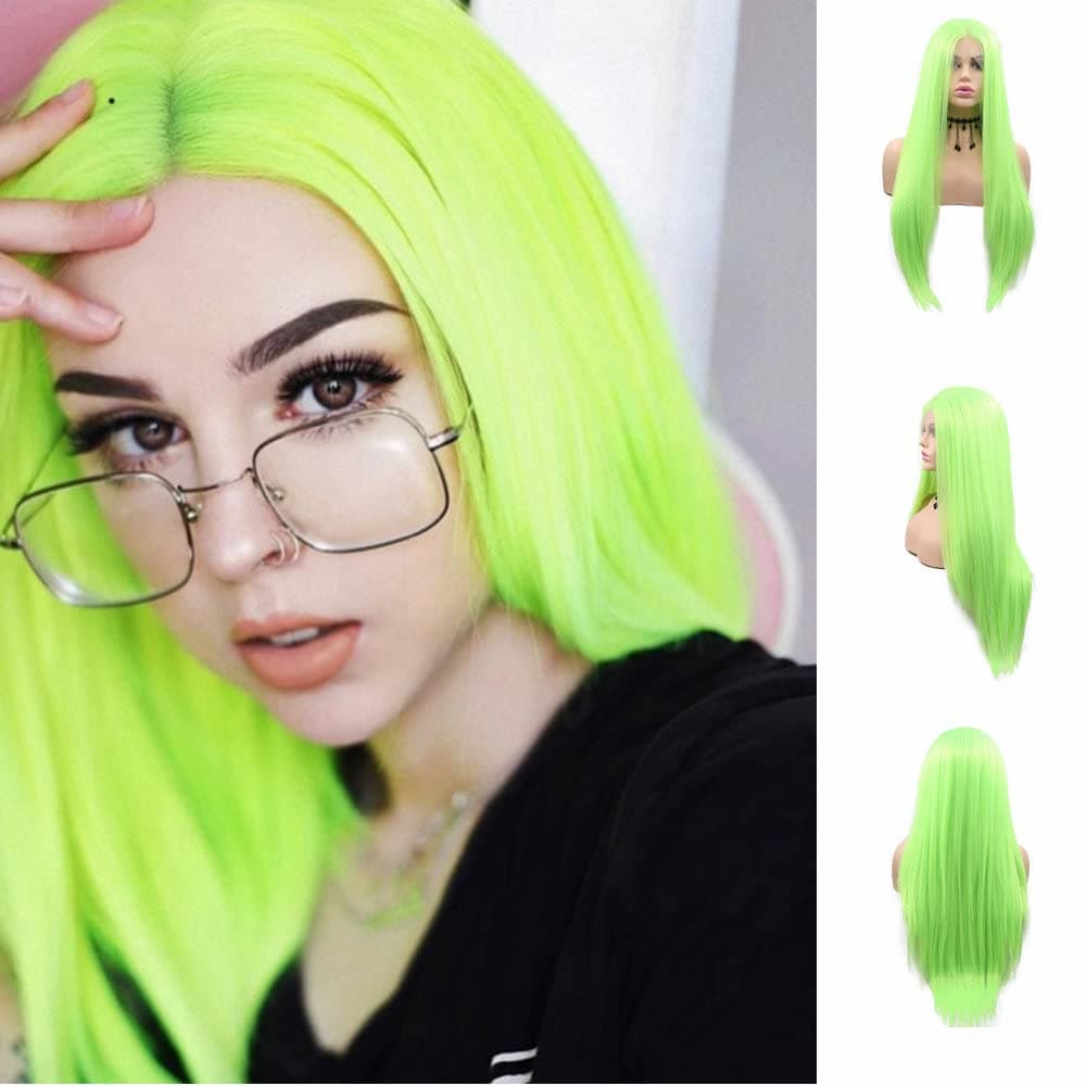 Yinuozhogntian Side Part Fluorescent green Lace Front Wigs for Women Long Straight Synthetic Hair Lemon green Bright Color Drag Queen Ladies Cosplay Makeup Party Holidays Flawless 26"