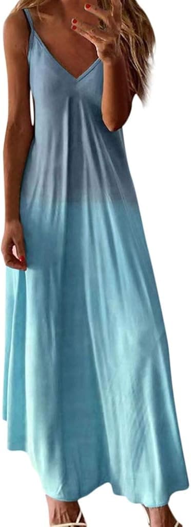 Handyulong Womens Dresses Casual Summer Sundress Sleeveless V-neck Gradient Color Loose Maxi Long Dress Tunic Tank Dress