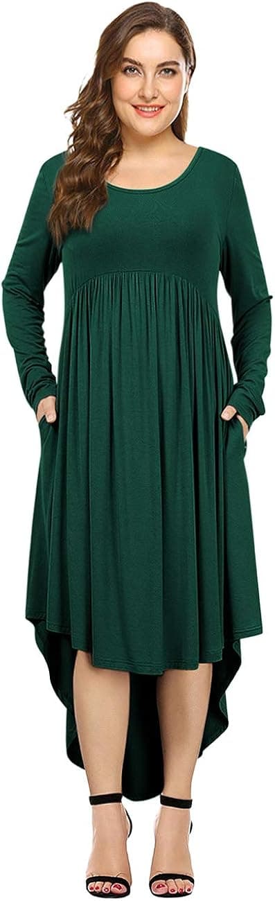 AMZ PLUS Plus Size Scoop Neck Long Sleeve Pleated Tunic Casual Dress for Women Green 5XL