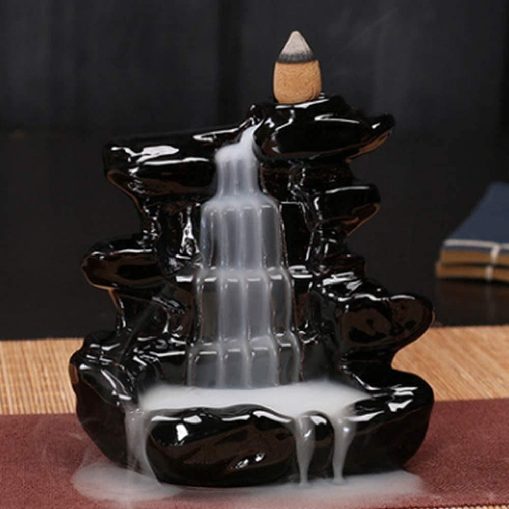 Retro Handmade Porcelain Ceramic Backflow Incense Burner Aromatherapy Ornament Home Decor with 60 Backflow Incense Cones,50 Incense Sticks,Mat,Clip (10cm*11cm)