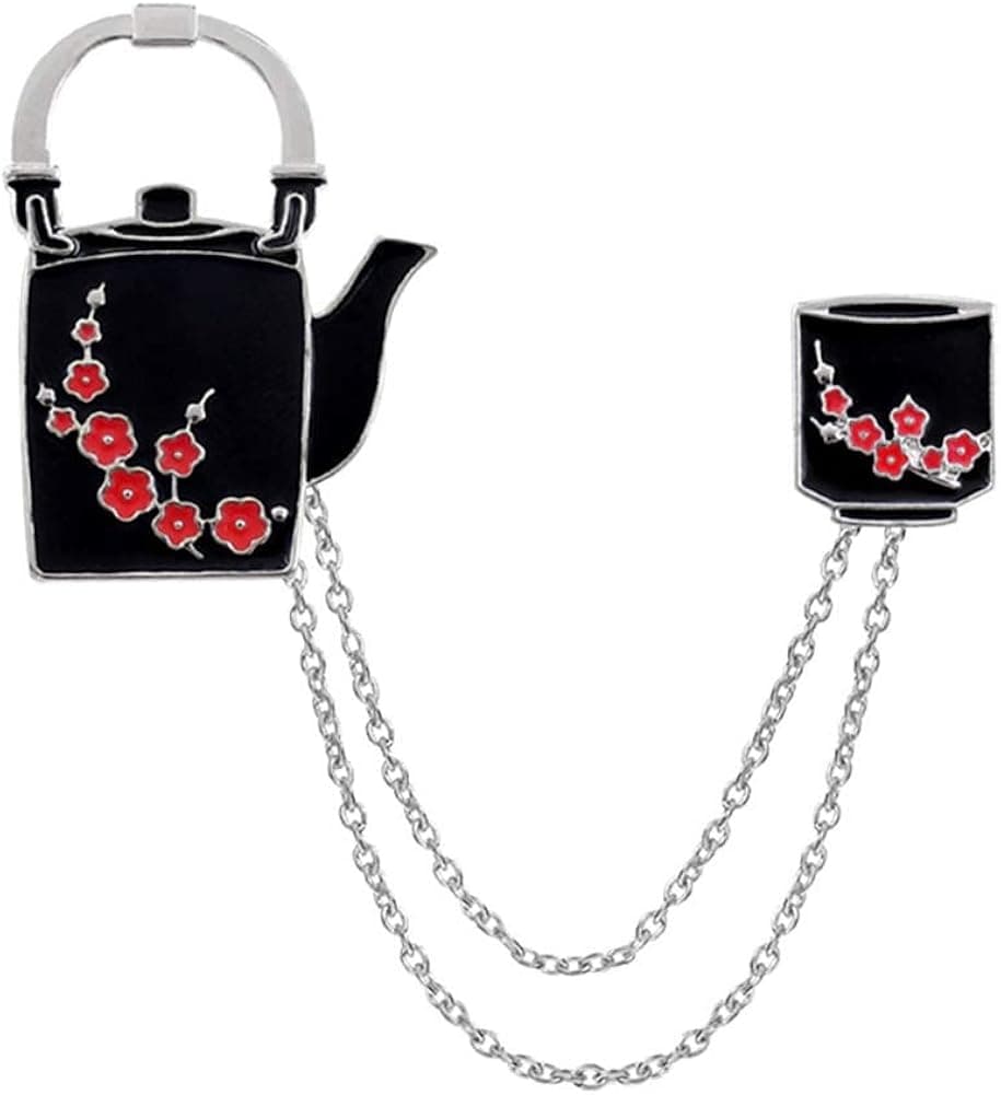 Walbest Brooch Pins for Women, Plum Flower Teapot Cup Chain Tassel Enamel Brooch Pin Corsage Badge Gift (CC035)