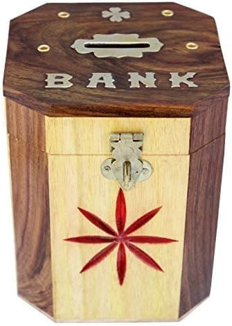 ITOS365 Handcrafted Wooden Money Bank Safe Kids Piggy Coin Holder Box Gifts, 4 x 5 Inches