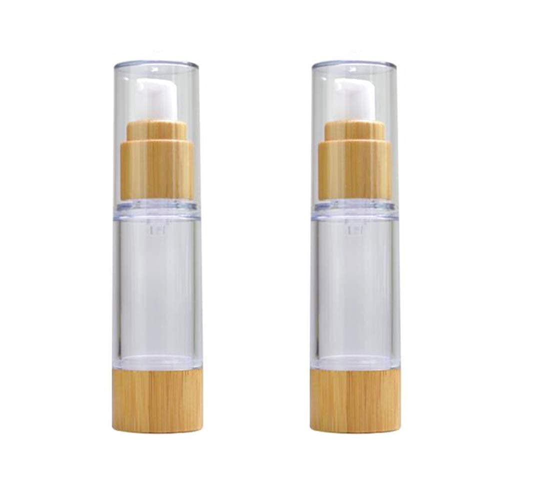 2PCS Empty Refill Portable Bamboo Plastic Airless Vacuum Emulsion Pump Bottle Jars Cream Lotion Make Up Sample Travel Packing Vials Cosmetic Toiletries Liquid Storage Containers(100ml/3.4oz)