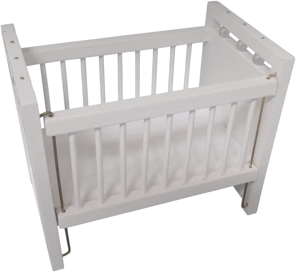 Wooden Dollhouse Miniature White Baby Crib with Padded Mattress 1:12 Scale