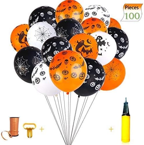 Halloween Balloons Decorations - 100 Pieces 12 Inches Pumpkin Bat Specter Spider Web Latex Balloons with a Air Pump for Halloween Party Supplies