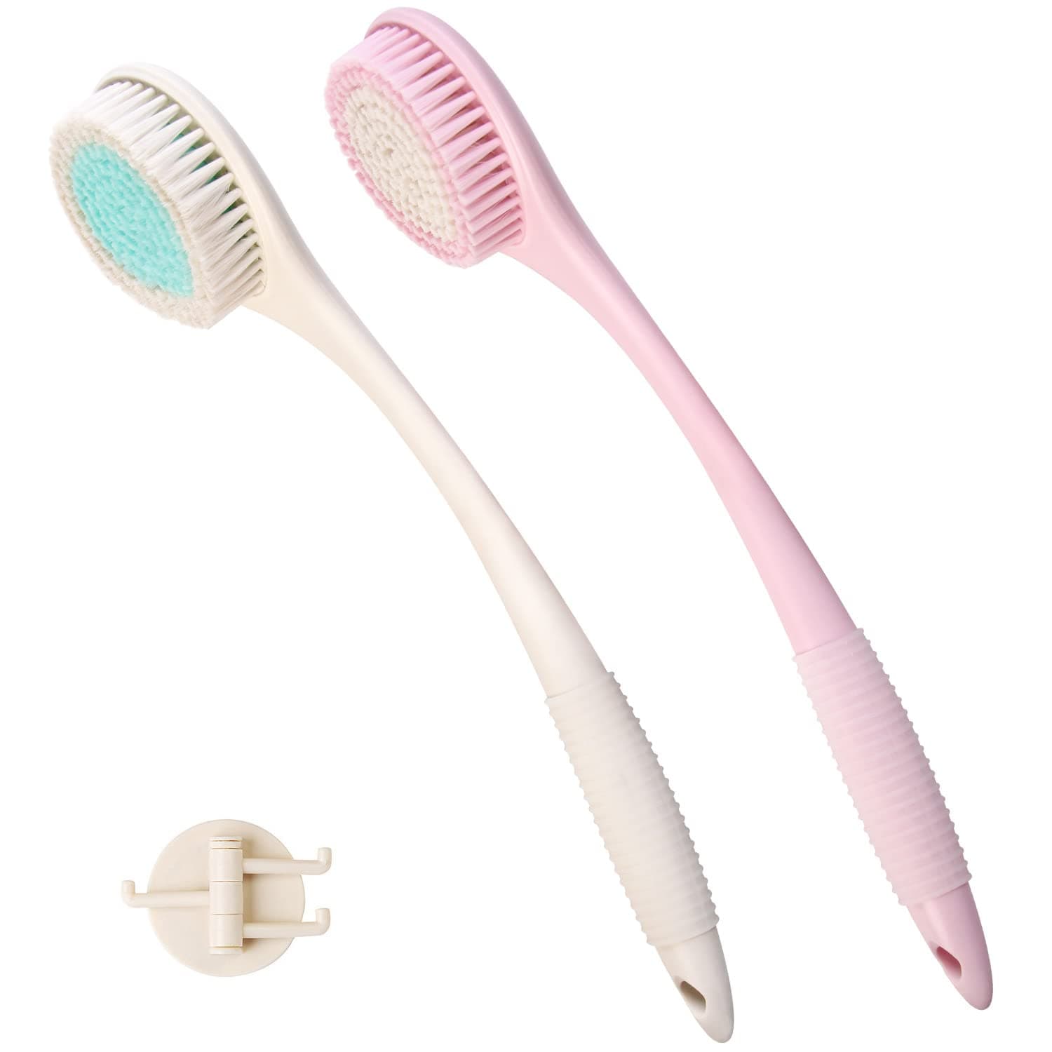 BEDELITE Back Bath Brush Long Handle for Shower of 2 - Soft Shower Brush for Men & Women,Back Brush Scrubber - 16.4" Long Skin Exfoliator for Bath Scrubber Body Brush（2 Pack, Pink & Ivory）