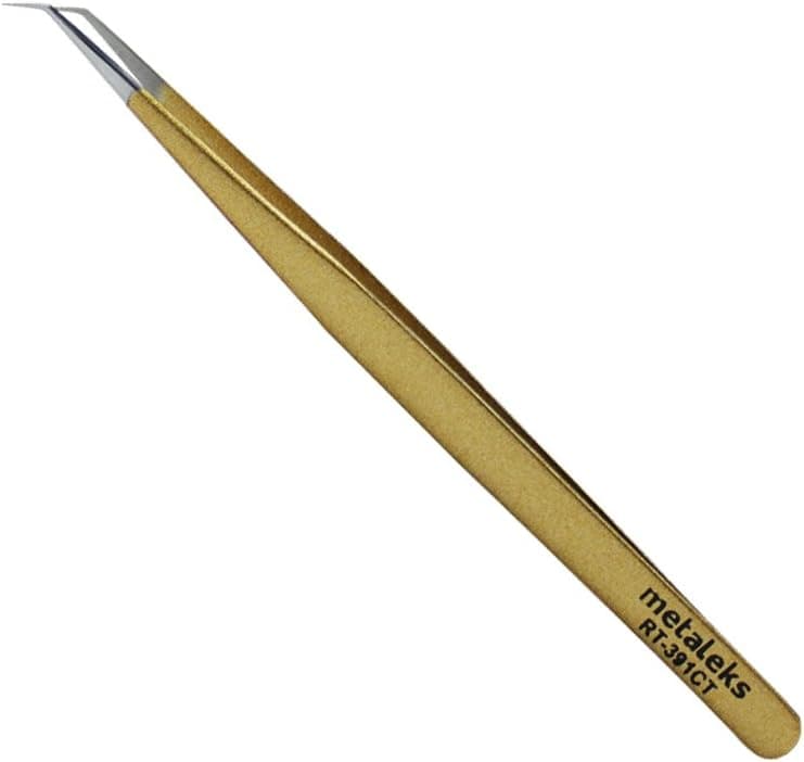 Tweezers for Eyelash Extension - Long 45° Angular Tip Tweezers - Hand Crafted Surgical Stainless Steel Precision Tweezers (Metallic Gold Powder Coated)