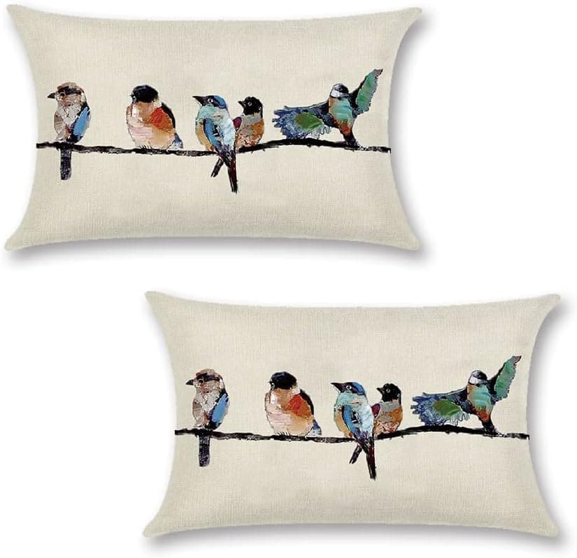 Spring Fall Decorative Lumbar Birds Throw Pillows Covers Cotton Linen Set of 2 Rectangle Hand-Painted Oil Birds Tree Pillow Case,12x20 inches (Lumbar Birds)