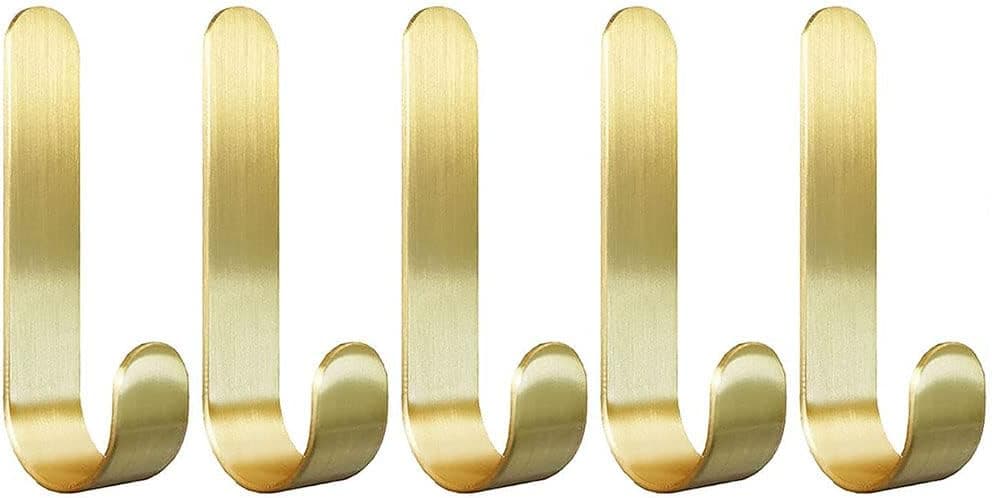 Gold Wall Hooks, Wall Mounted Brass Hooks Self-Adhesive, Wall Towel Hooks No Drill, Hat Coat Robe Clothes Hanger for Bathroom Kitchen Foyer Garage, 3.7 x 0.8 inches, 5 Pack