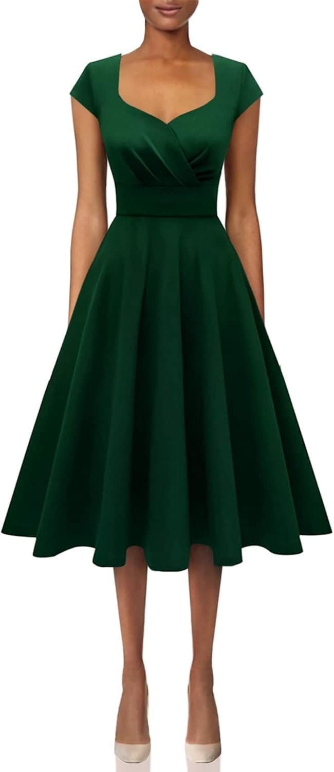 HomRain 1950s Cocktail Dress Vintage Retro Rockabilly Cap Sleeve A-Line Swing Dress