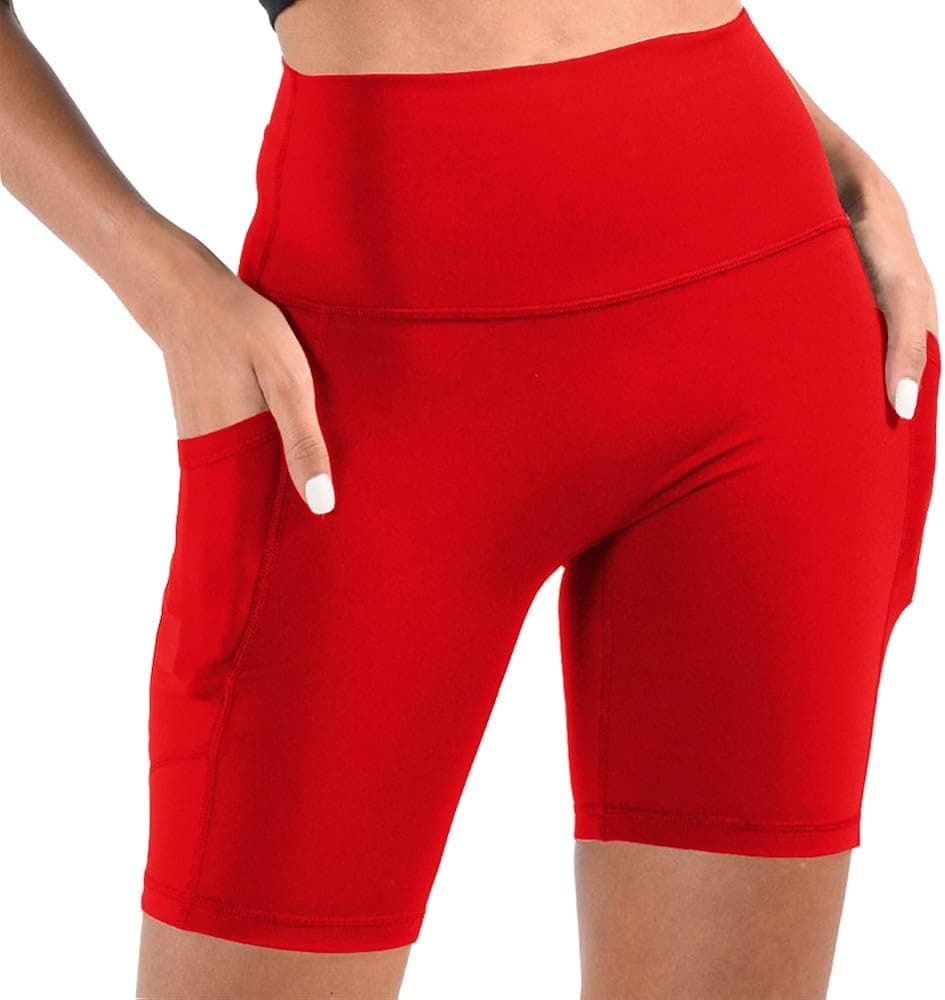 JNVNI Women's High Waist Yoga Shorts with Pockets Workout Running Compression Athletic Tummy Control Short (Small, Red)
