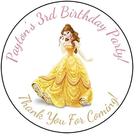 12 Personalized Princess Belle Birthday Party Stickers Goody Favor Bag Box LabelsF