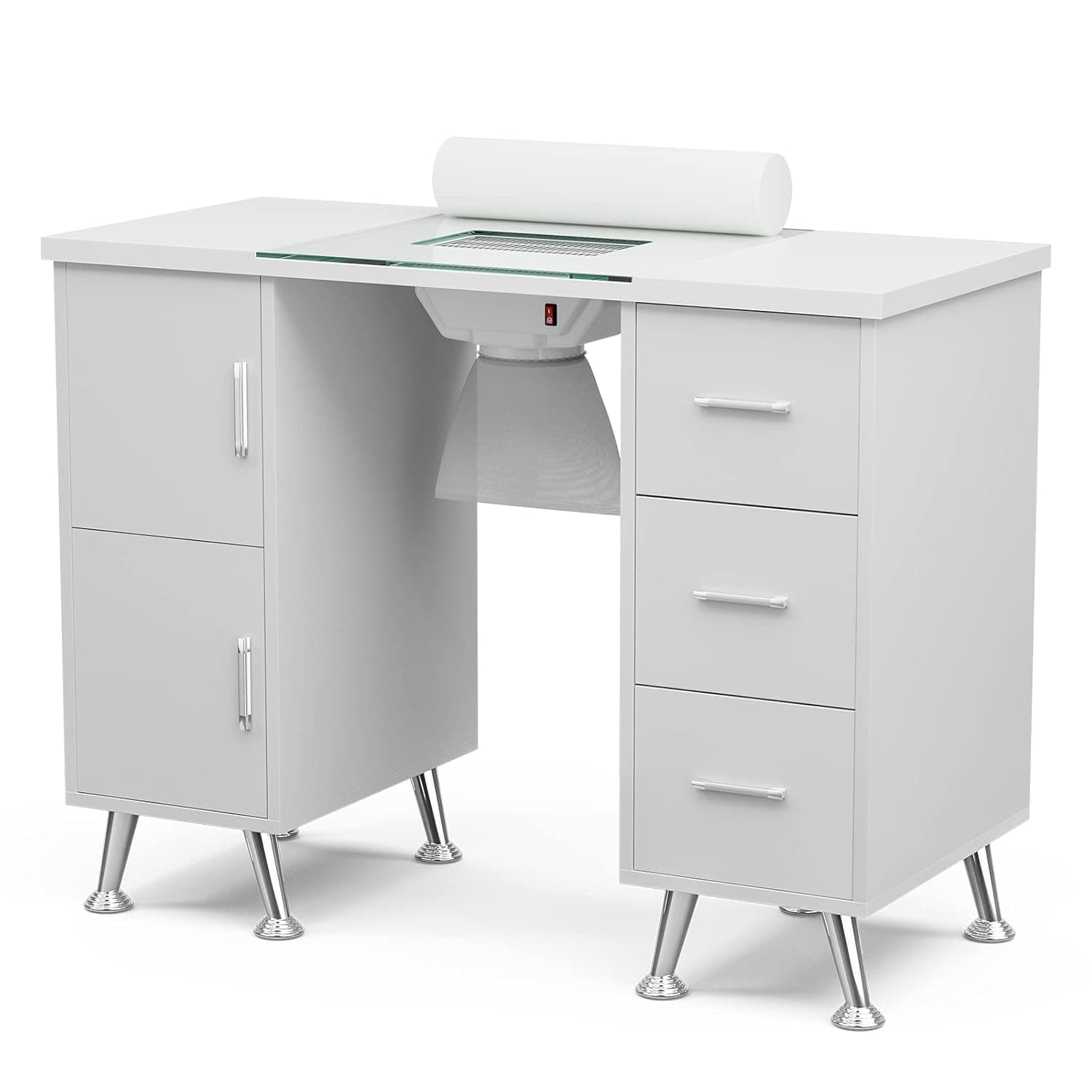 Paddie Manicure Table Nail Desk for Nail Tech, Glass Top Beauty Salon Nail Tech Table Station with Electric Downdraft Vent, Wrist Cushion, Storage Drawers, Metal handles, Golden Legs (White)