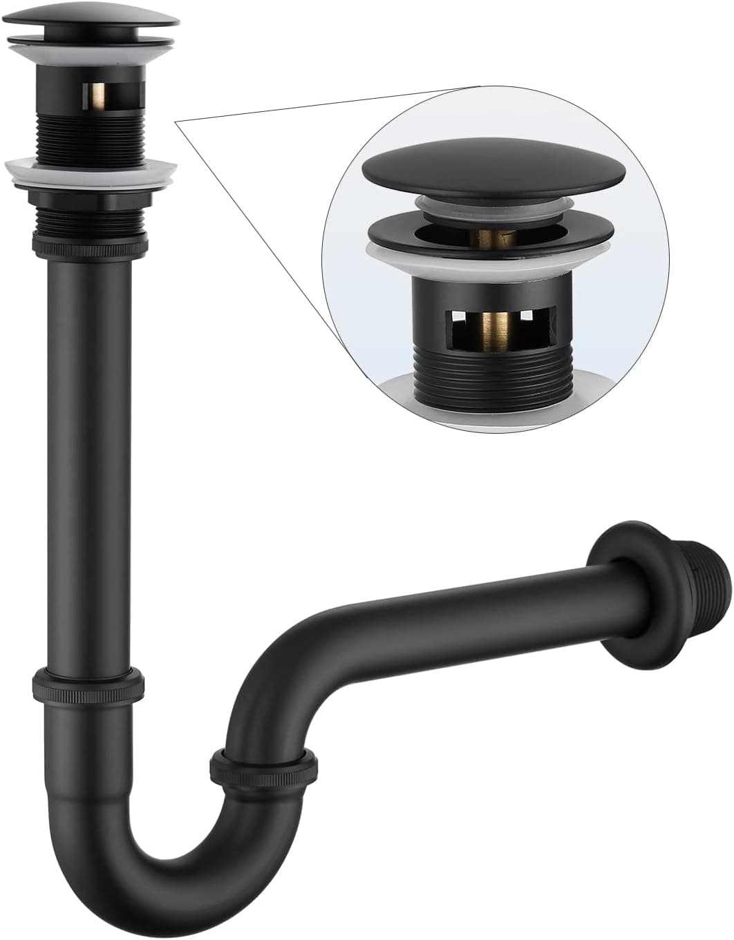 GORDEE Bathroom Sink Stopper Bottle Trap, U-Shape 1-1/4 inch Slip Inlet Drain Complete Kit, Lavatory Sink Stopper Set w/Overflow, Matte Black, Pls Measure ur Sink Hole Size Before Order