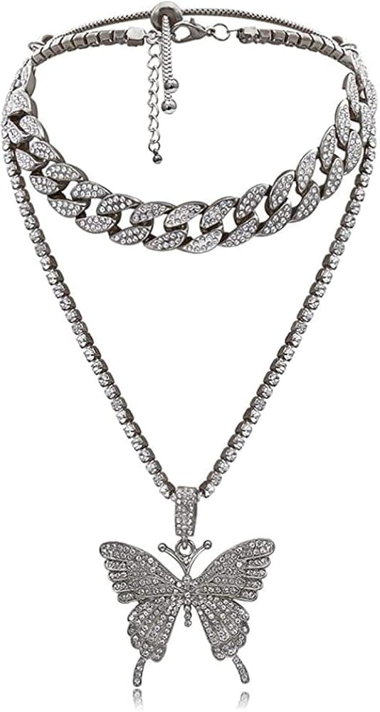 YBMYCM Big Butterfly Pendant Statment Necklace Rhinestone Chain for Women Girl Bling Gold Silver Crystal Layered Choker Necklaces Accessory for Hip Hop Lovers