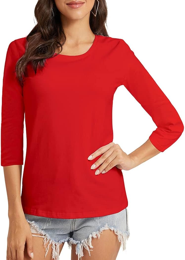 VIIOO Women's Basic 3/4 Sleeve Crew Neck T-Shirt Casual Solid Slim Cotton Top