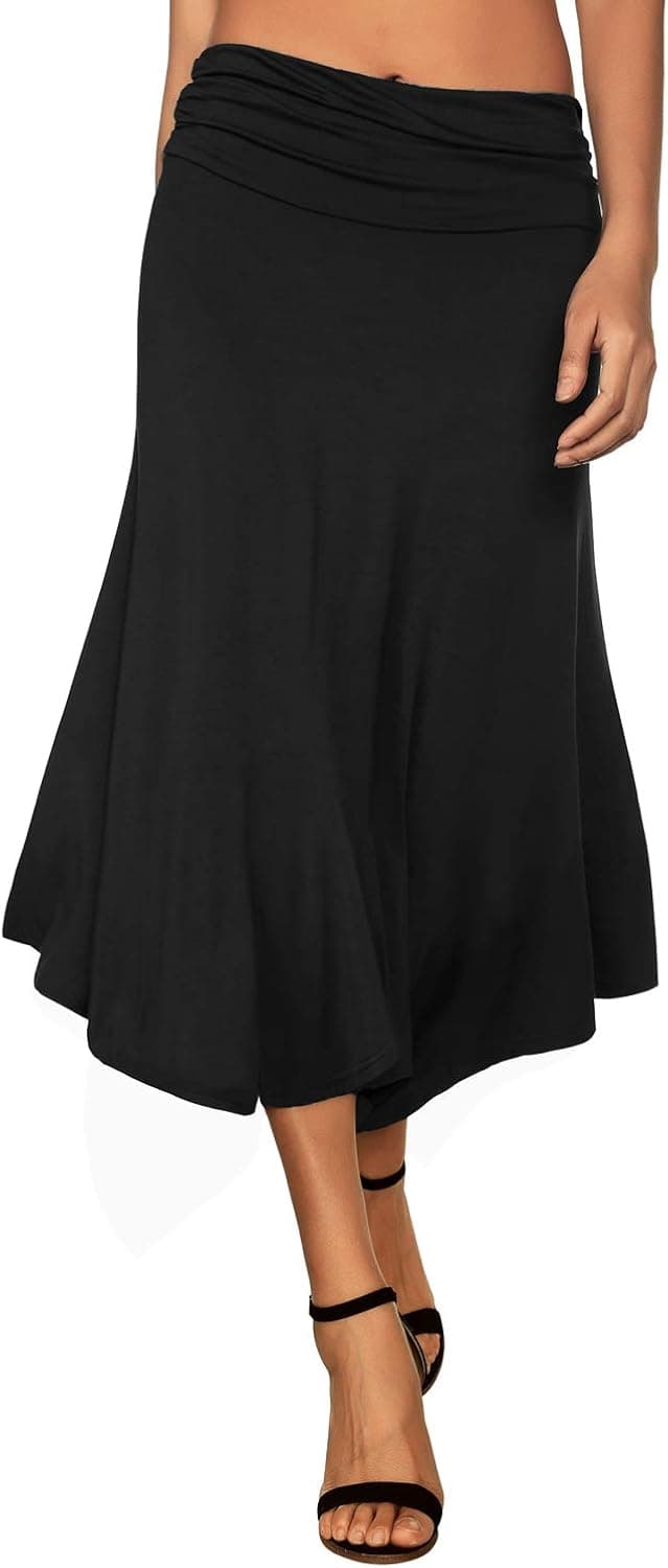 DJT Women's Flowy High Waist A line Flared Midi Skirt Black 2XL