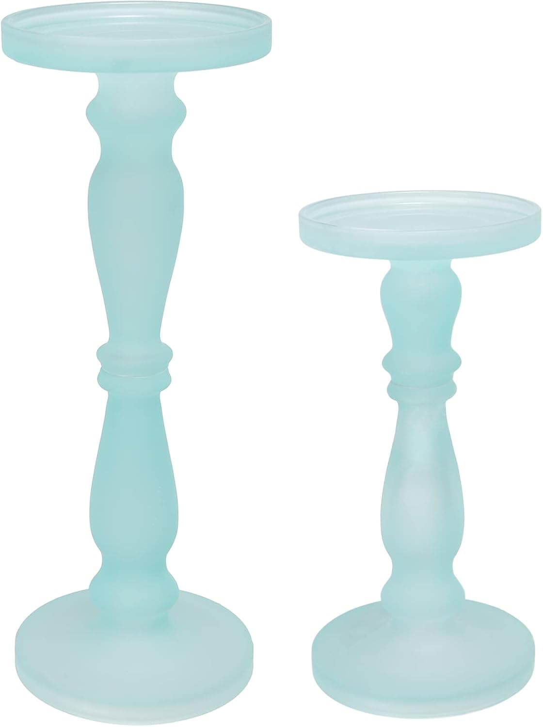 A&B Home Frosted Glass Candle Holder Set - Set of 2 Glass Pedestal Candle Holder, Decorative Pillar Candle Holder, Living Room Entryway Console Table End Table Accent Piece, Blue