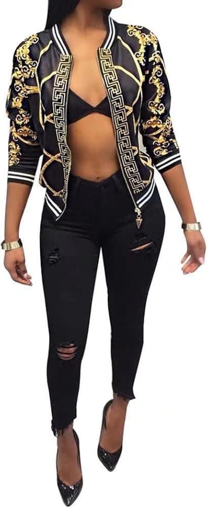 MS Mouse Womens Fashion Vintage Gold Chain Print Short Bomber Jacket Coat
