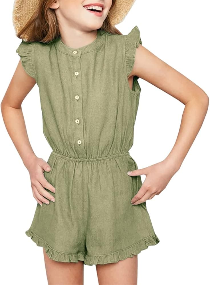 Goranbon Girls' Romper Kids Jumpsuits Button Down Ruffle Sleeveless Summer Clothes