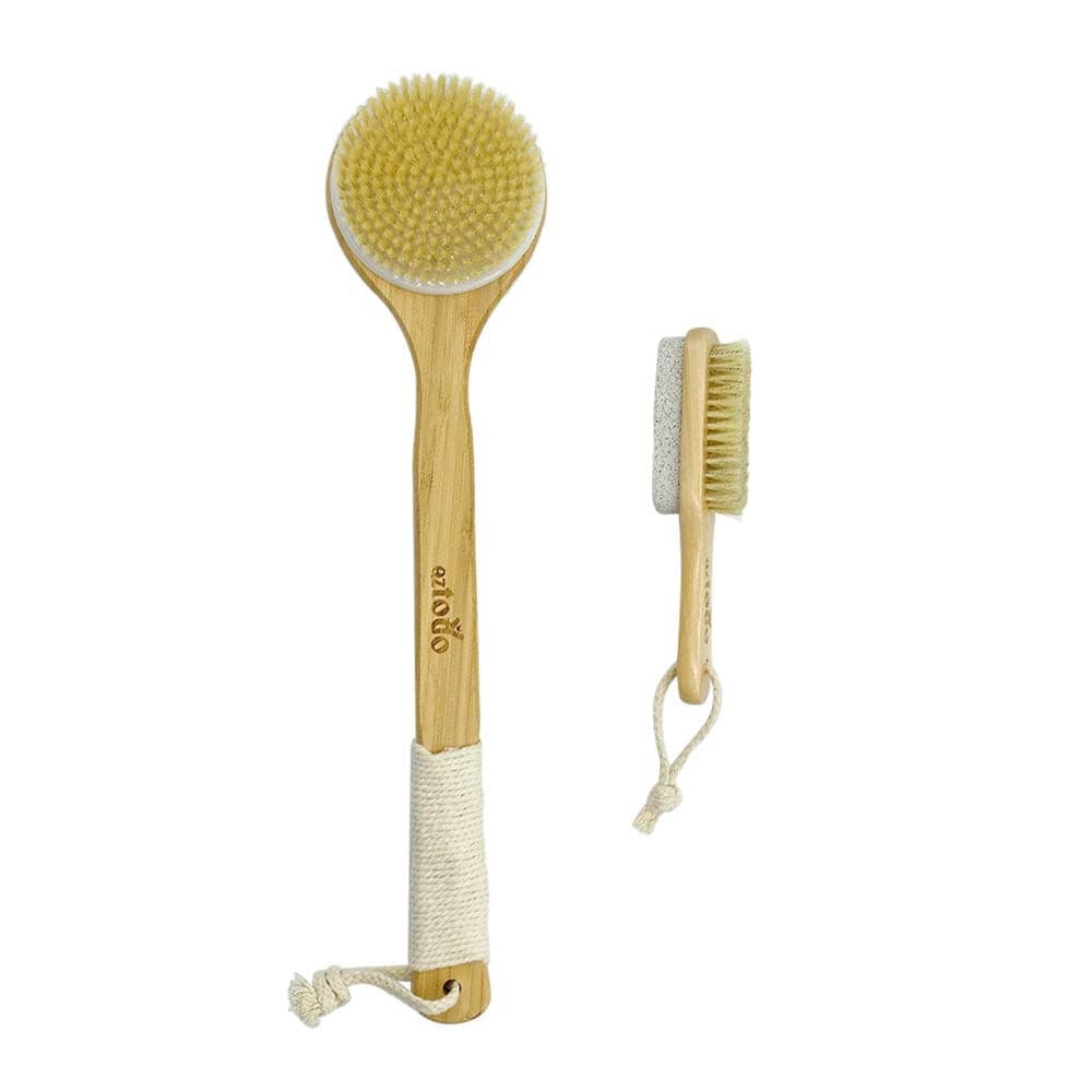 Dry Brushing Body Brush,Shower Brush and 2-sided Foot File Scrubber Set Brush with Stiff Bristles Natural Long Handle for Back,Cleansing and Exfoliating Skin,Cellulite and Lymphatic