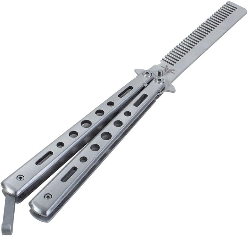 niceeshop(TM) Unique Design Folding Balisong Flail Comb Butterfly Knife Trainer Tool (Stainless Steel Color)