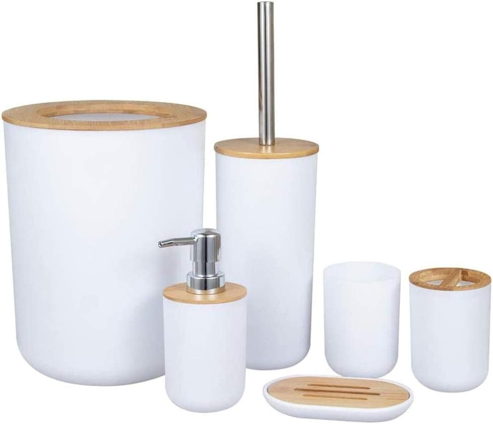 Laipi Bamboo Wooden Bathroom Accessories Set, 6 cs Gift Set Toilet Brush, Soap Dispenser, Waste Bin, Toothbrush Holder, Soap Dish Cup Set