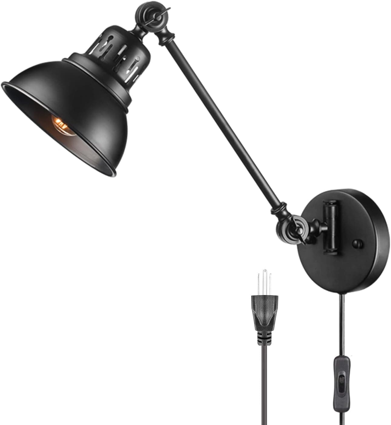 YeLEEiNO Swing Arm Wall Lamp, Plug in Wall Sconces with ON/Off Switch, Matte Black Metal Reading Light Fixture Wall Mounted for Bedside Indoor Living Room Kitchen Cupboard, E26 ETL Listed (1-Light)