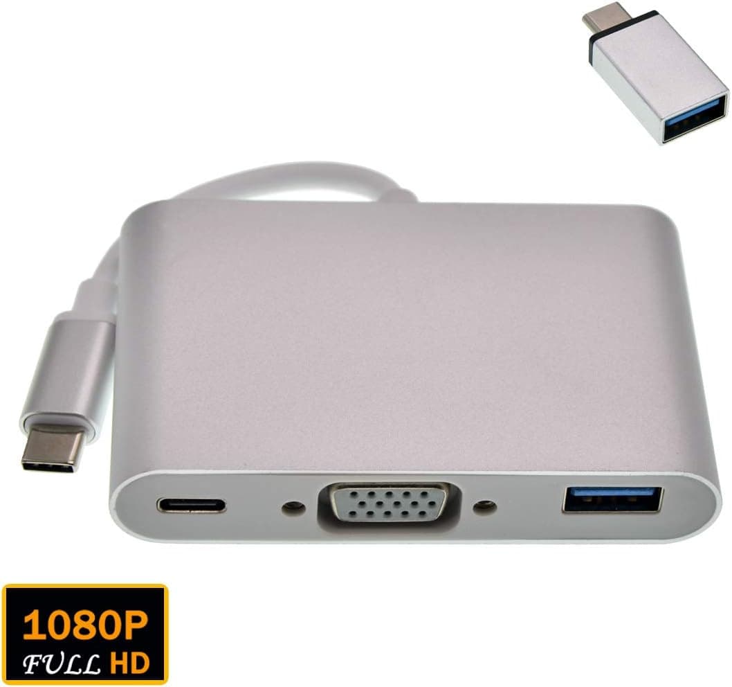 USB C to VGA Adapter, Type C to VGA Adapter, Thunderbolt 3 to VGA Adapter with USB 3.0 and USB-C Charging Port 3-in-1 Adapter Compatible with MacBook Pro/iMac/Chromebook Pixel/Dell xps/Samsung Galaxy